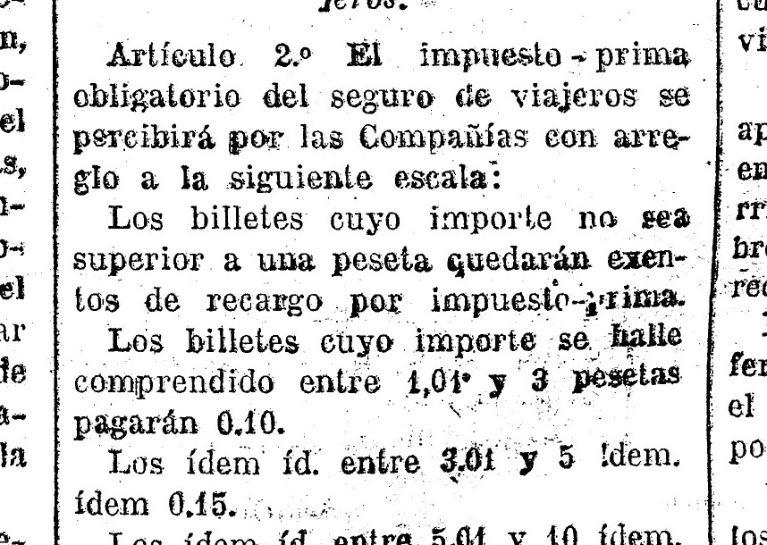 Recorte de la Gaceta de Madrid de 1928: los billetes de entre 1,01 y 3 pesetas pagarán 0,10